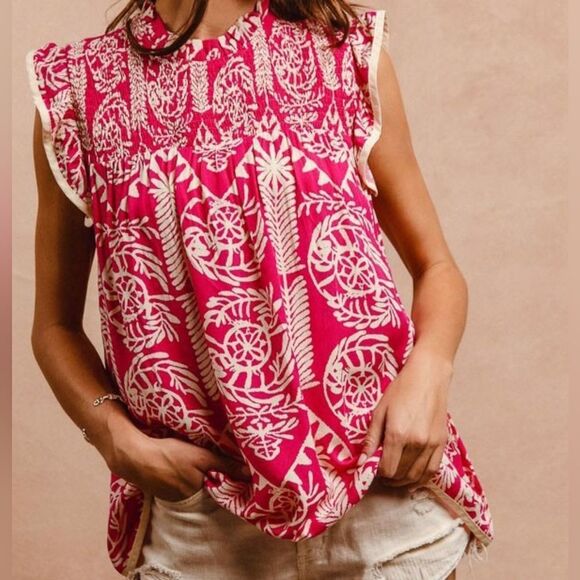 **BiBi Printed Ruffle Sleeve Top Pink and White Batik Print Women's Top - Picture 2 of 15